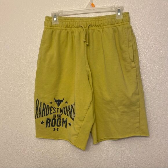 Under Armour UA The Rock Terry yellow pull on drawstring cotton sweat shorts M - Picture 2 of 13